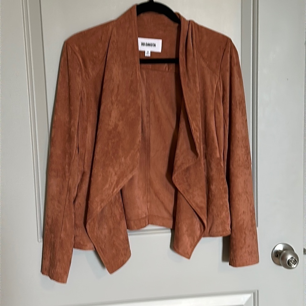 BB DAKOTA faux suede, rust colored draped jacket, size medium